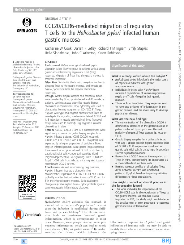 CCL20/CCR6-mediated migration of regulatory T cells to the Helicobacter pylori-infected human gastric mucosa Thumbnail