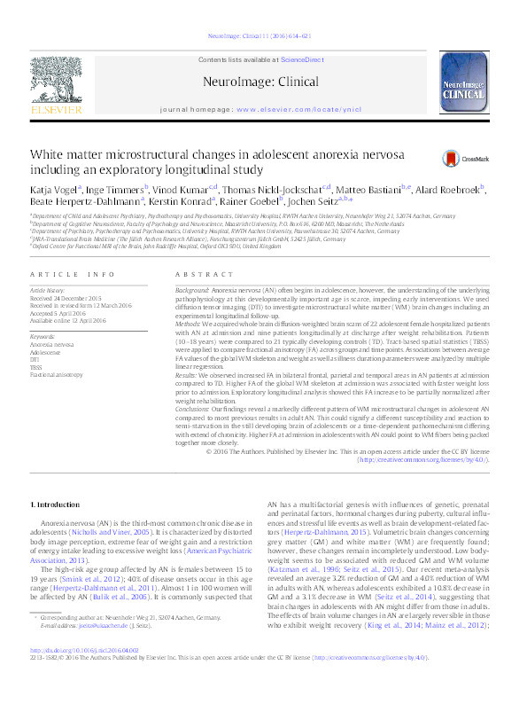 White matter microstructural changes in adolescent anorexia nervosa including an exploratory longitudinal study Thumbnail