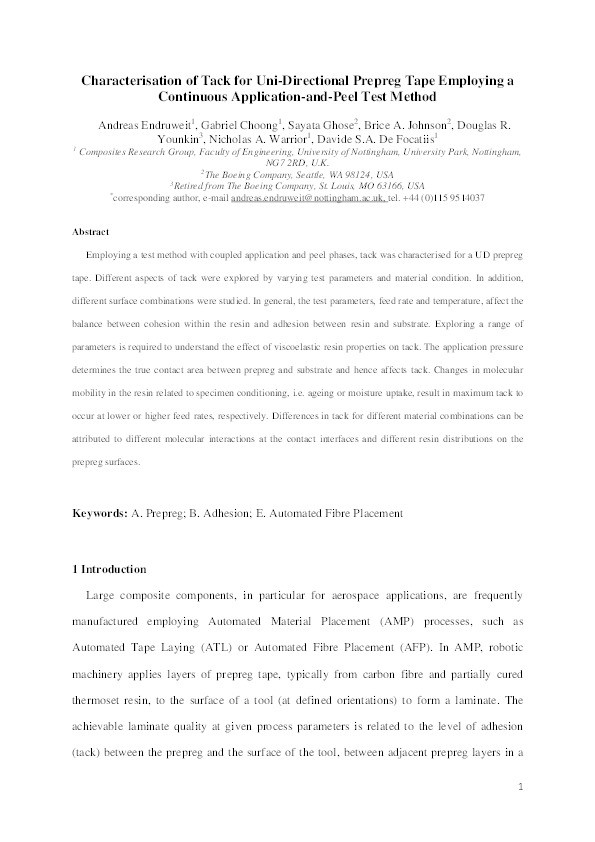 Characterisation of tack for uni-directional prepreg tape employing a continuous application-and-peel test method Thumbnail