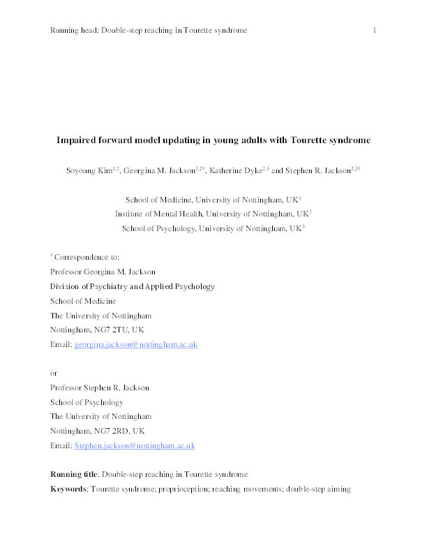 Impaired forward model updating in young adults with Tourette syndrome Thumbnail