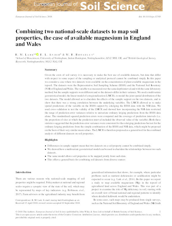 Combining two national-scale data sets to map soil properties, the case of available magnesium in England and Wales: combining two soil surveys Thumbnail