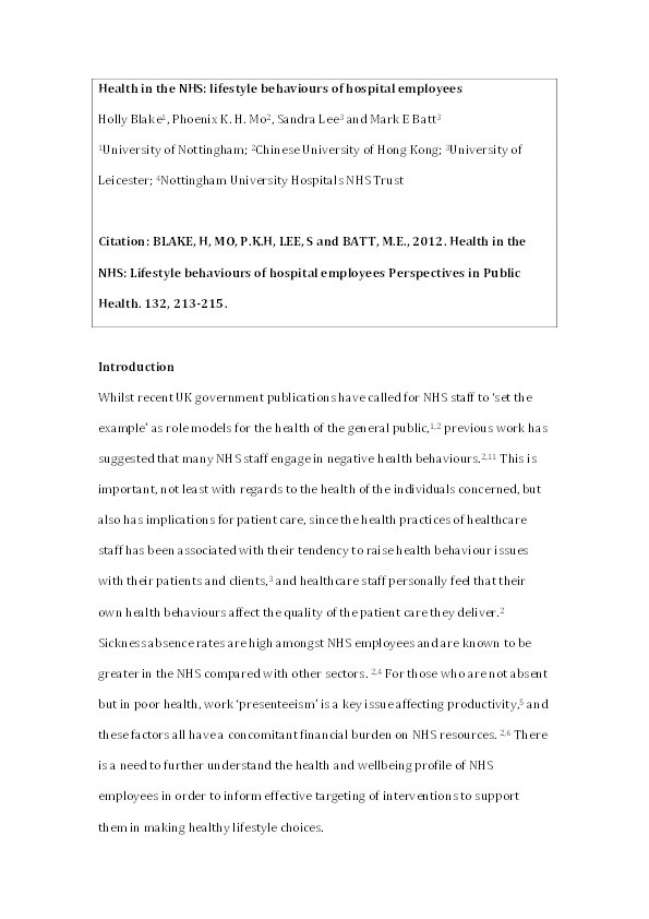 Health in the NHS: lifestyle behaviours of hospital employees Thumbnail
