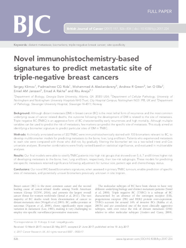 Novel immunohistochemistry-based signatures to predict metastatic site of triple-negative breast cancers Thumbnail