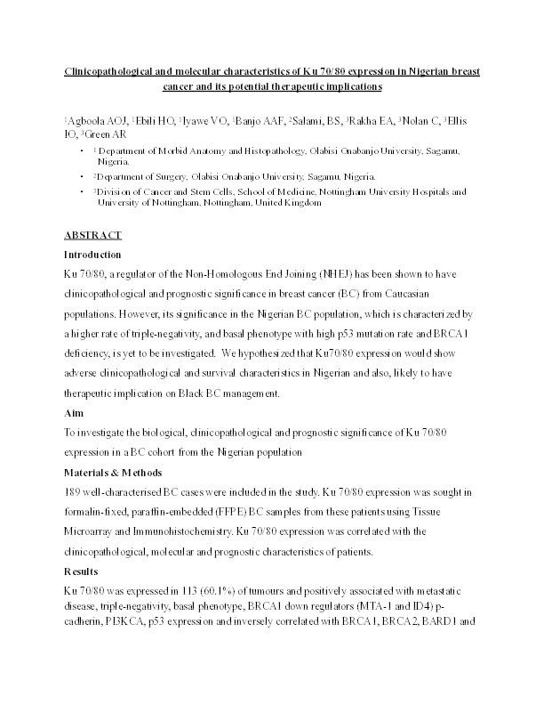 Clinicopathological and molecular characteristics of Ku 70/80 expression in Nigerian breast cancer and its potential therapeutic implications Thumbnail