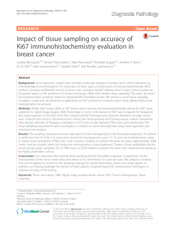 Impact of tissue sampling on accuracy of Ki67 immunohistochemistry evaluation in breast cancer Thumbnail