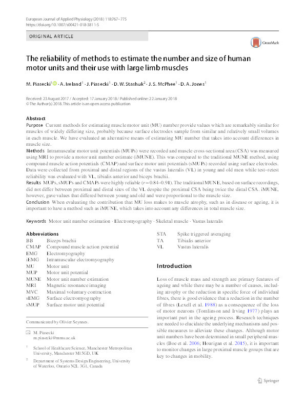 The reliability of methods to estimate the number and size of human motor units and their use with large limb muscles Thumbnail