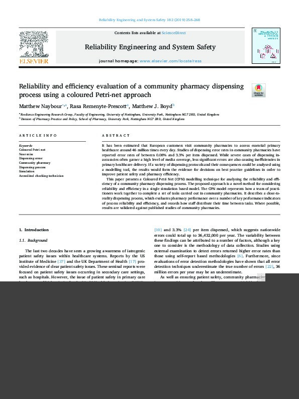 Reliability and efficiency evaluation of a community pharmacy dispensing process using a coloured Petri-net approach Thumbnail