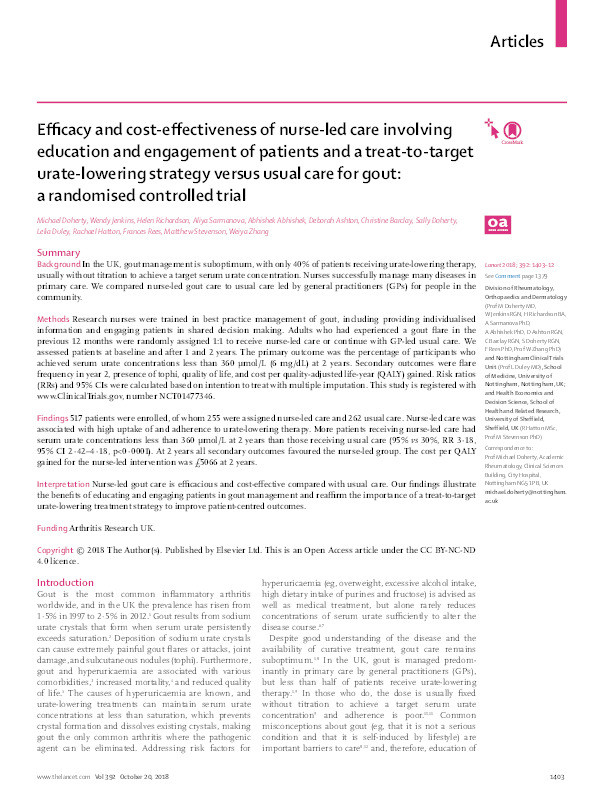 Efficacy and cost-effectiveness of nurse-lead care involving education and engagement of patients and a treat-to-target urate-lowering strategy versus usual care for gout: a randomised controlled trial Thumbnail