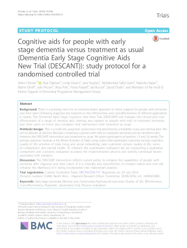 Cognitive aids for people with early stage dementia versus treatment as usual (Dementia Early Stage Cognitive Aids New Trial (DESCANT)): study protocol for a randomised controlled trial Thumbnail