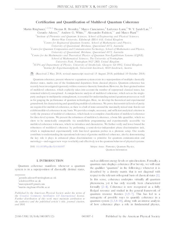 Certification and quantification of multilevel quantum coherence Thumbnail