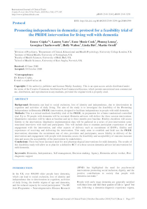 Promoting Independence in Dementia (PRIDE): protocol for a feasibility trial of the PRIDE intervention for living well with mild dementia Thumbnail