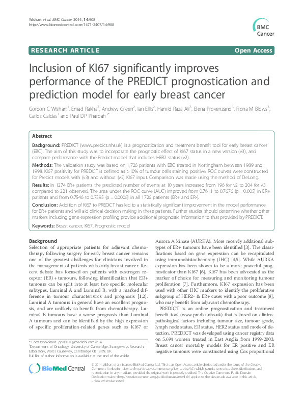 Inclusion of KI67 significantly improves performance of the PREDICT prognostication and prediction model for early breast cancer Thumbnail