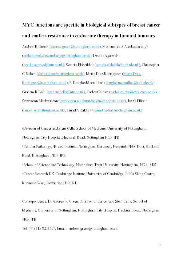 MYC functions are specific in biological subtypes of breast cancer and confers resistance to endocrine therapy in luminal tumours Thumbnail