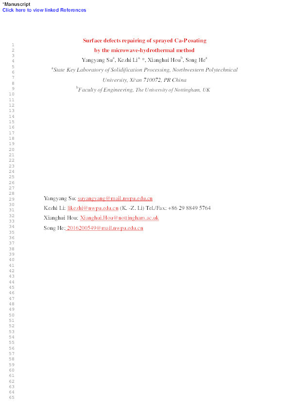 Surface defects repairing of sprayed Ca-P coating by the microwave-hydrothermal method Thumbnail