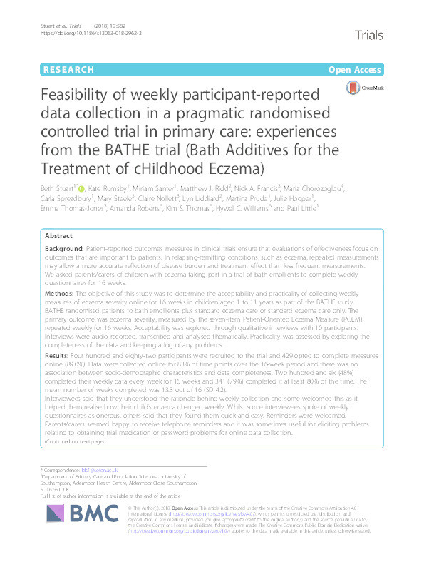 Feasibility of weekly participant‐reported data collection in a pragmatic randomised controlled trial in primary care: experiences from the BATHE trial (Bath Additives for the Treatment of cHildhood Eczema) Thumbnail