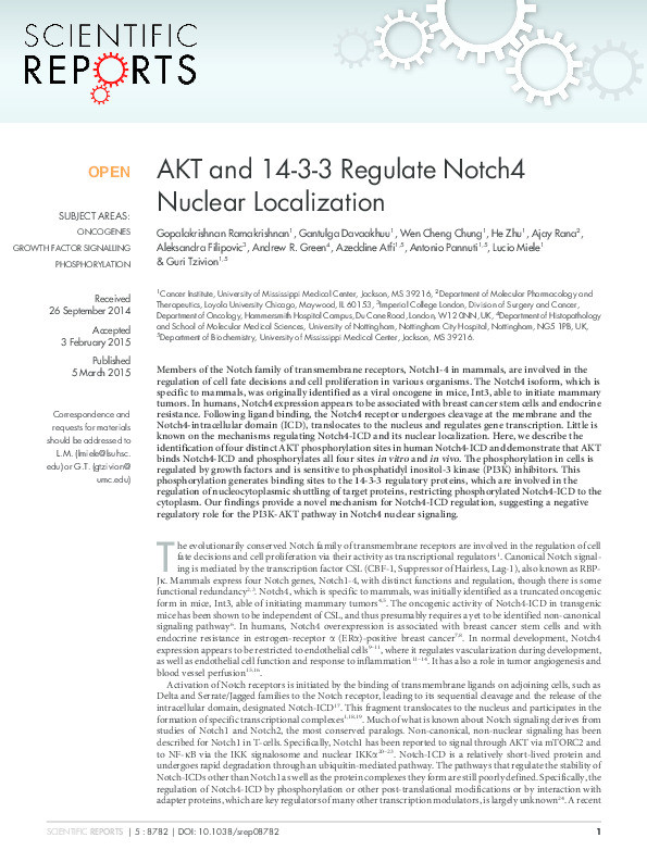 AKT and 14-3-3 regulate Notch4 nuclear localization Thumbnail