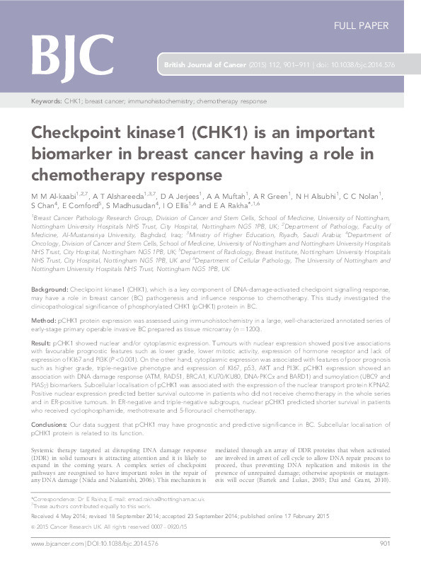 Checkpoint kinase1 (CHK1) is an important biomarker in breast cancer having a role in chemotherapy response Thumbnail