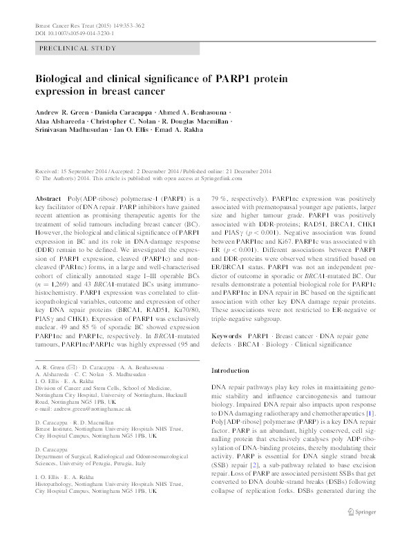 Biological and clinical significance of PARP1 protein expression in breast cancer Thumbnail