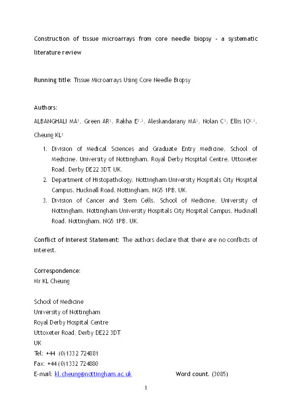 Construction of tissue microarrays from core needle biopsies: a systematic literature review Thumbnail