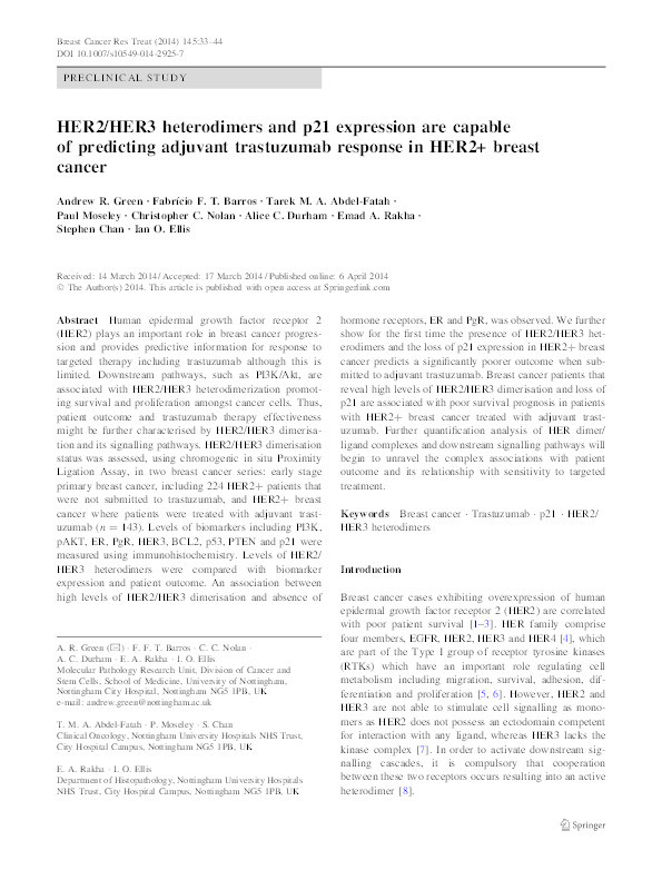 HER2/HER3 heterodimers and p21 expression are capable of predicting adjuvant trastuzumab response in HER2+ breast cancer Thumbnail