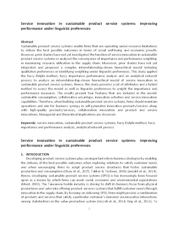 Service innovation in sustainable product service systems: improving performance under linguistic preferences Thumbnail