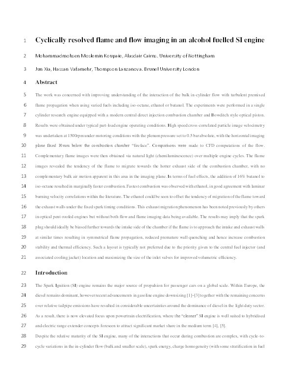 Cyclically resolved flame and flow imaging in an alcohol fuelled SI engine Thumbnail