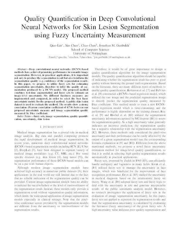 Quality Quantification in Deep Convolutional Neural Networks for Skin Lesion Segmentation using Fuzzy Uncertainty Measurement Thumbnail