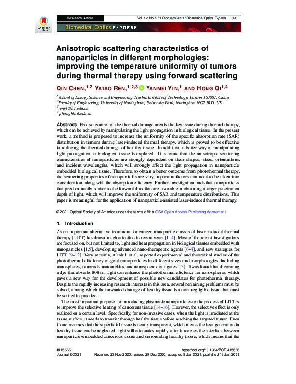 Anisotropic scattering characteristics of nanoparticles in different morphologies: improving the temperature uniformity of tumors during thermal therapy using forward scattering Thumbnail