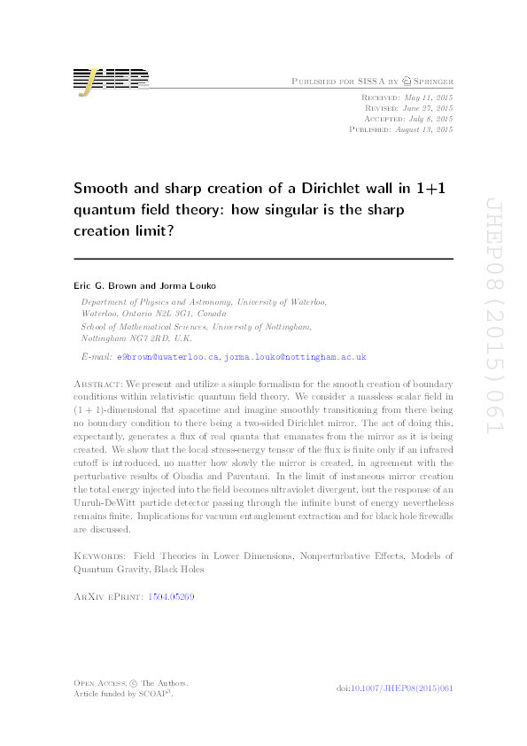 Smooth and sharp creation of a Dirichlet wall in 1+1 quantum field theory: how singular is the sharp creation limit? Thumbnail