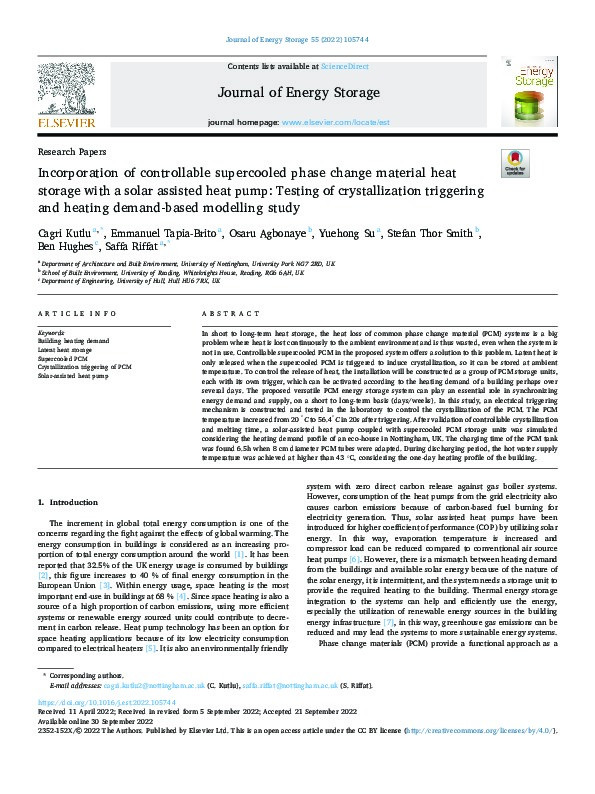 Incorporation of controllable supercooled phase change material heat storage with a solar assisted heat pump: Testing of crystallization triggering and heating demand-based modelling study Thumbnail
