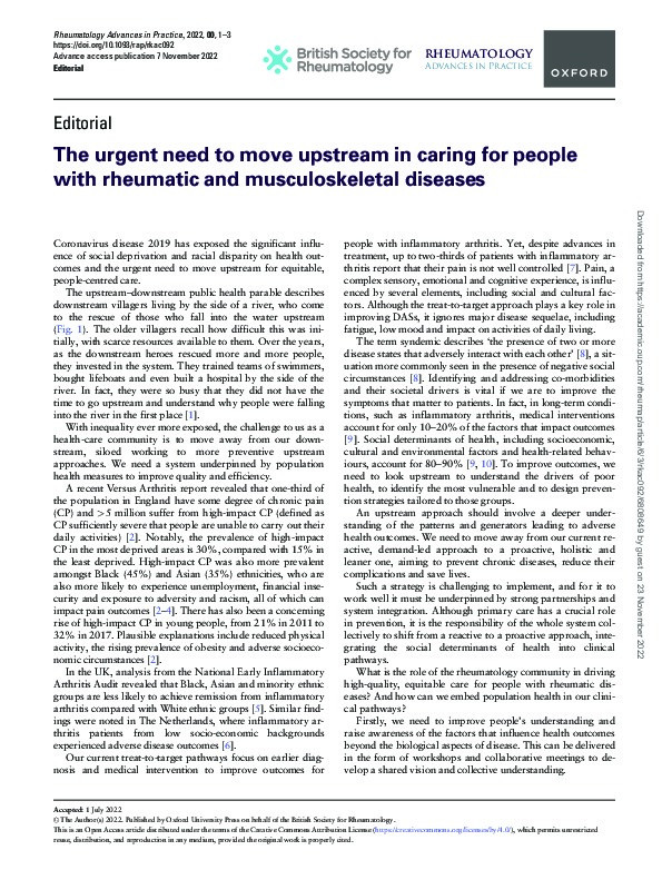The urgent need to move upstream in caring for people with rheumatic and musculoskeletal diseases Thumbnail