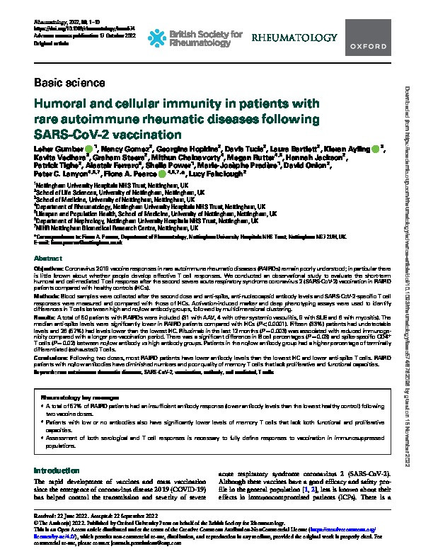 Humoral and cellular immunity in patients with rare autoimmune rheumatic diseases following SARS-CoV-2 vaccination Thumbnail