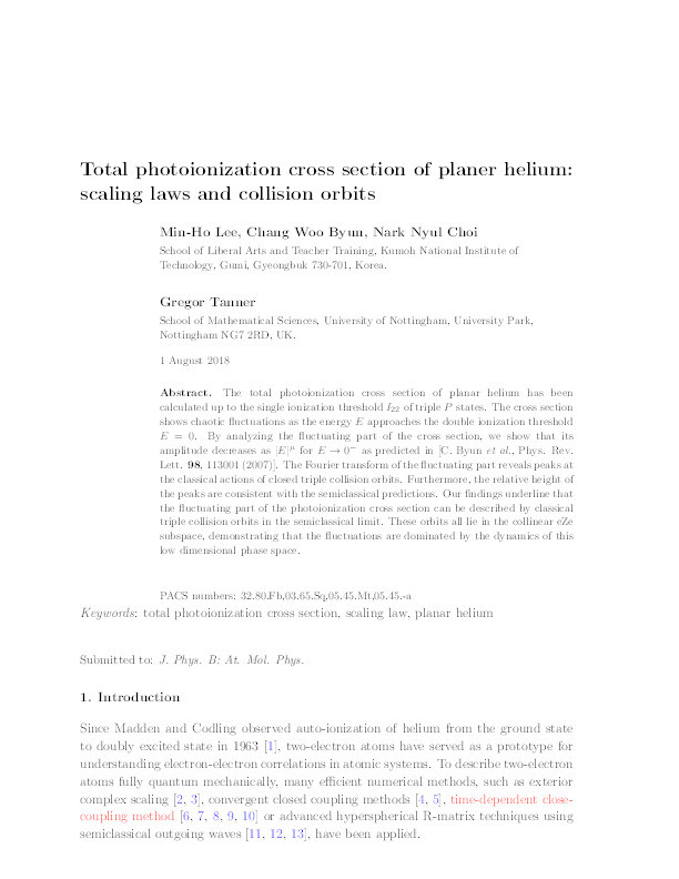 Total photoionization cross section of planar helium: scaling laws and collision orbits Thumbnail