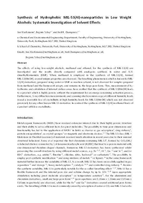 Synthesis of hydrophobic MIL-53(Al) nanoparticles in low molecular weight alcohols: systematic investigation of solvent effects Thumbnail