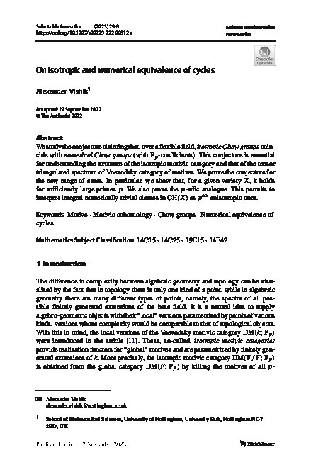 On isotropic and numerical equivalence of cycles Thumbnail