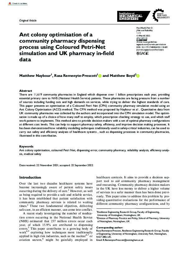 Ant colony optimisation of a community pharmacy dispensing process using Coloured Petri-Net simulation and UK pharmacy in-field data Thumbnail