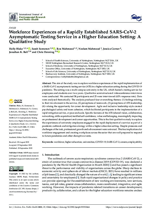 Workforce Experiences of a Rapidly Established SARS-CoV-2 Asymptomatic Testing Service in a Higher Education Setting: A Qualitative Study Thumbnail