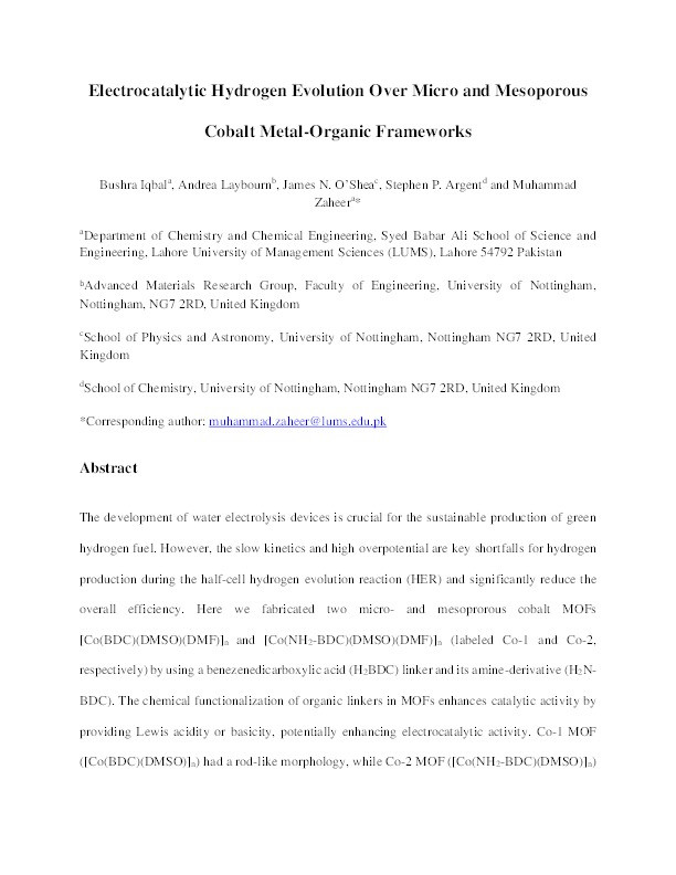Electrocatalytic hydrogen evolution over micro and mesoporous cobalt metal-organic frameworks Thumbnail