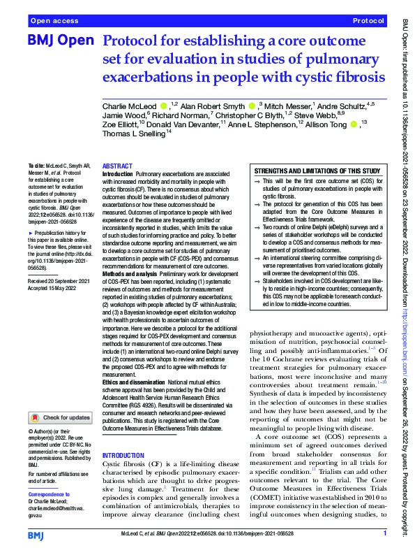 Protocol for establishing a core outcome set for evaluation in studies of pulmonary exacerbations in people with cystic fibrosis Thumbnail