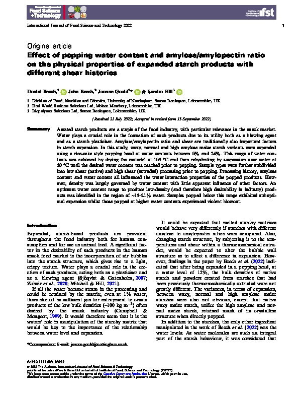 Effect of popping water content and amylose/amylopectin ratio on the physical properties of expanded starch products with different shear histories Thumbnail