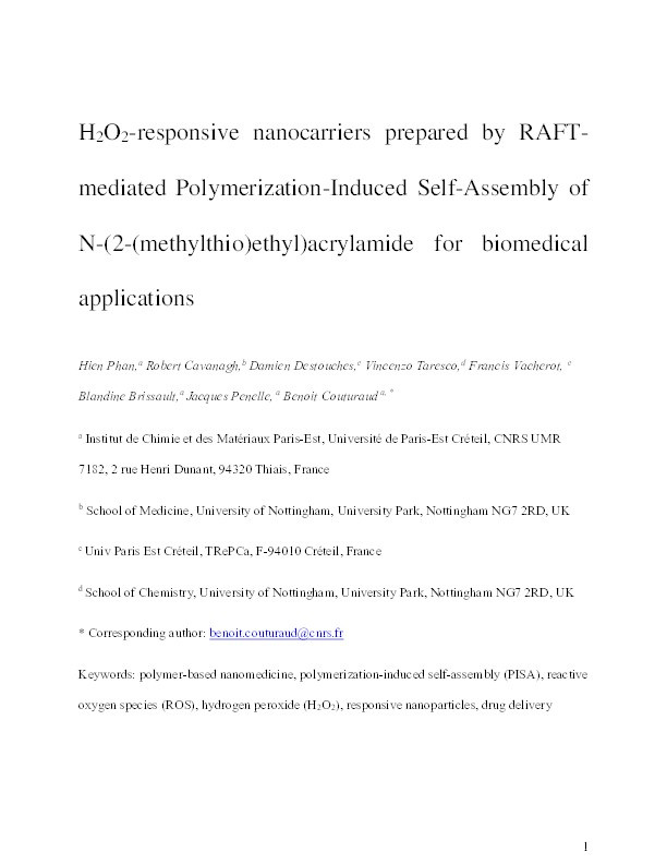 H2O2-Responsive Nanocarriers Prepared by RAFT-Mediated Polymerization-Induced Self-Assembly of N-(2-(Methylthio)ethyl)acrylamide for Biomedical Applications Thumbnail