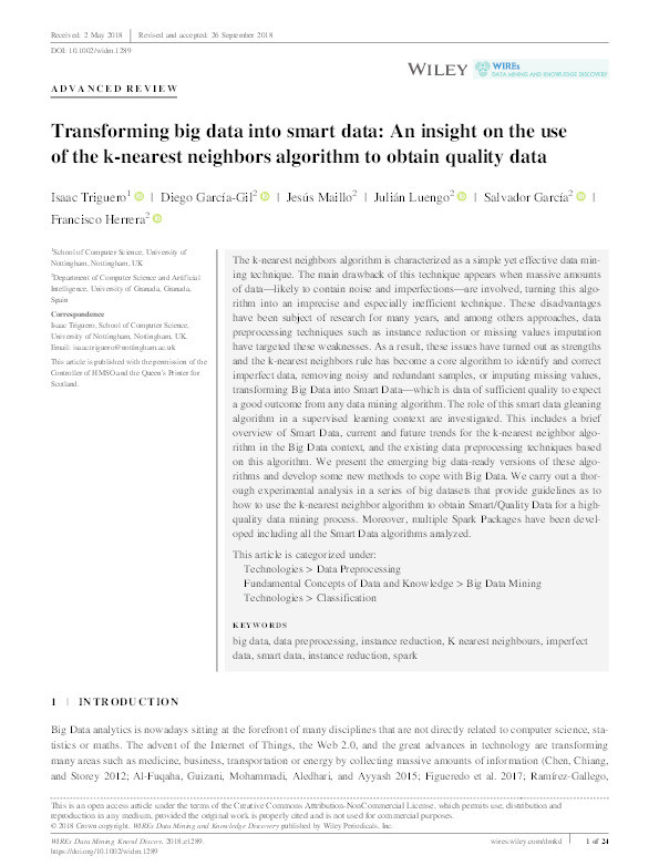 Transforming big data into smart data: An insight on the use of the k-nearest neighbors algorithm to obtain quality data Thumbnail
