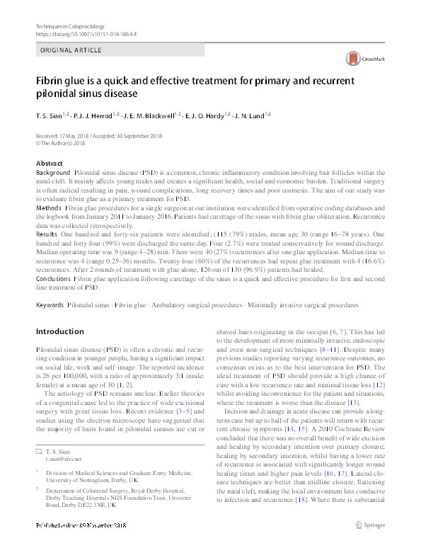 Fibrin glue is a quick and effective treatment for primary and recurrent pilonidal sinus disease Thumbnail