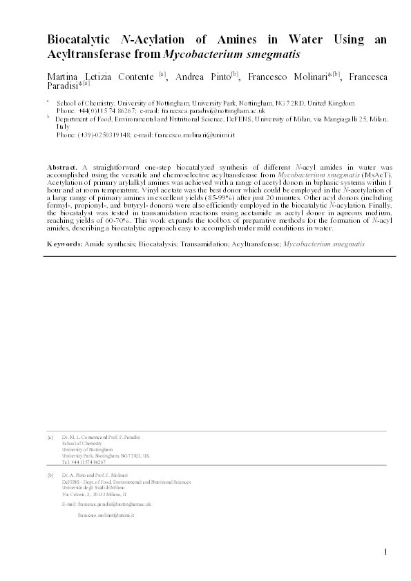 Biocatalytic N-acylation of amines in water using an acyltransferase from Mycobacterium smegmatis Thumbnail