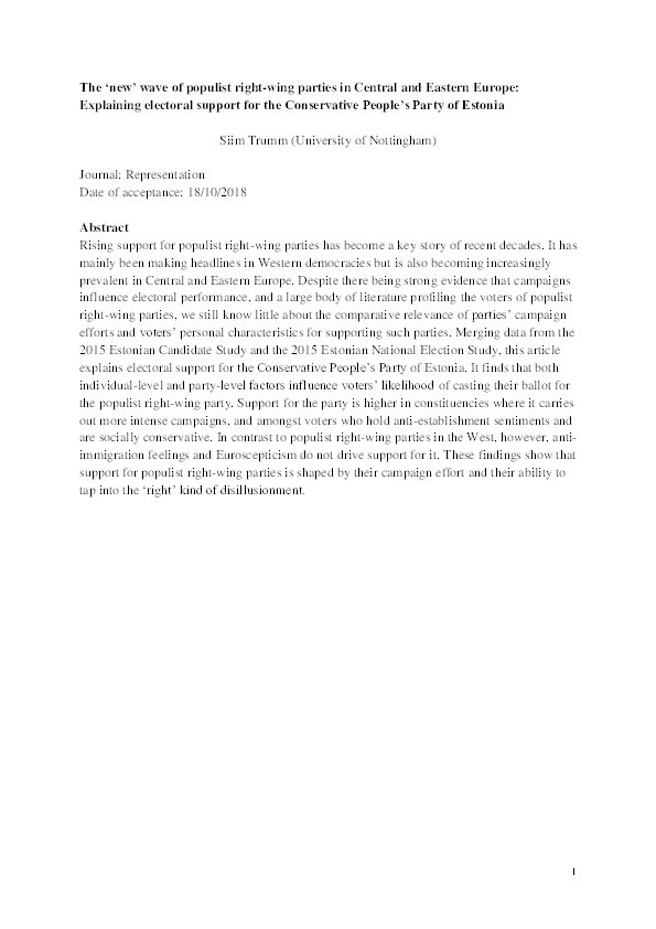 The ‘new’ wave of populist right-wing parties in Central and Eastern Europe: explaining electoral support for the Conservative People’s Party of Estonia Thumbnail