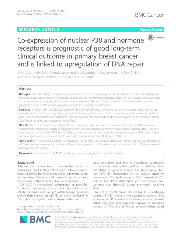 Co-expression of nuclear P38 and hormone receptors is prognostic of good long-term clinical outcome in primary breast cancer and is linked to upregulation of DNA repair Thumbnail