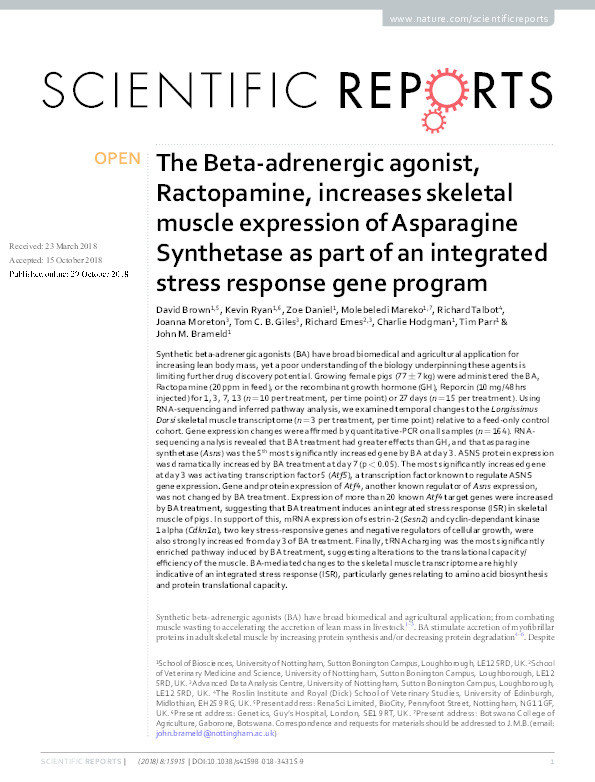 The beta-adrenergic agonist, Ractopamine increases skeletal muscle expression of Asparagine Synthetase as part of an integrated stress response gene program Thumbnail
