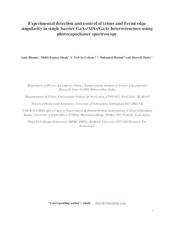 Experimental Detection and Control of Trions and Fermi-Edge Singularity in Single-Barrier GaAs/AlAs/GaAs Heterostructures Using Photocapacitance Spectroscopy Thumbnail