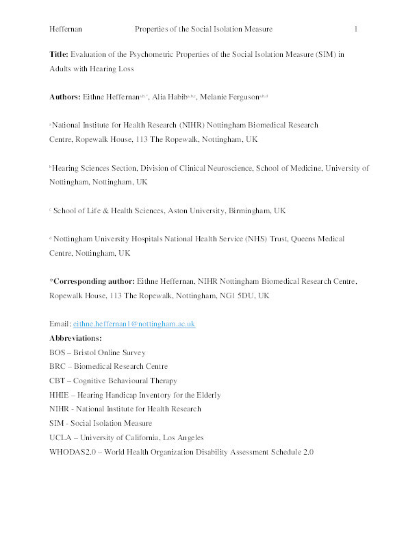 Evaluation of the psychometric properties of the Social Isolation Measure (SIM) in adults with hearing loss Thumbnail