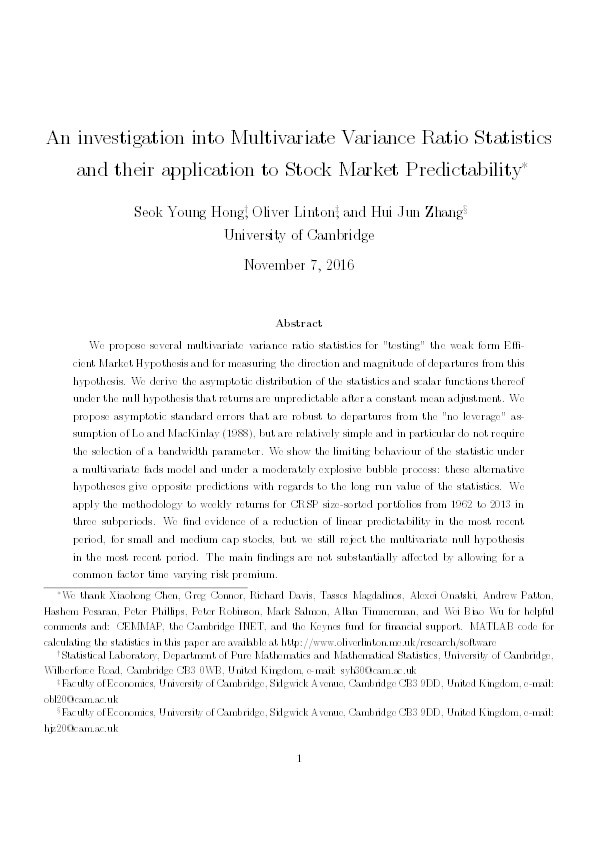 An investigation into multivariate variance ratio statistics and their application to stock market predictability Thumbnail